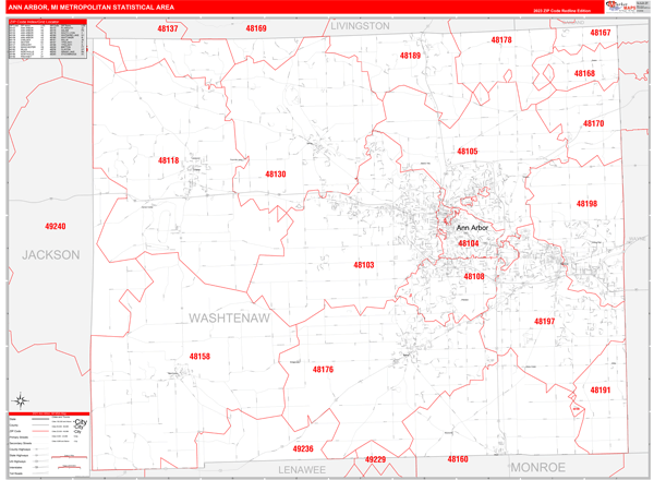 Ann Arbor Metro Area Digital Map Red Line Style
